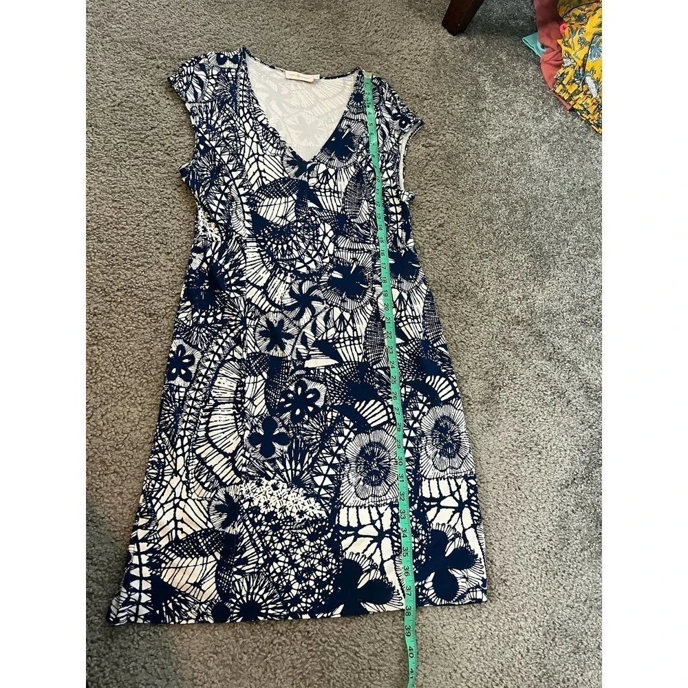 Tory Burch Blue Baltic Sea Dream Catcher Viscose V Neck Women's Cap Sleeve dress